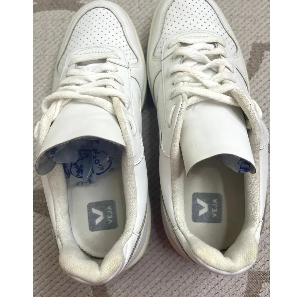 Veja V-10 sneakers all-white leather perforated toes lace.up sneakers, size 10